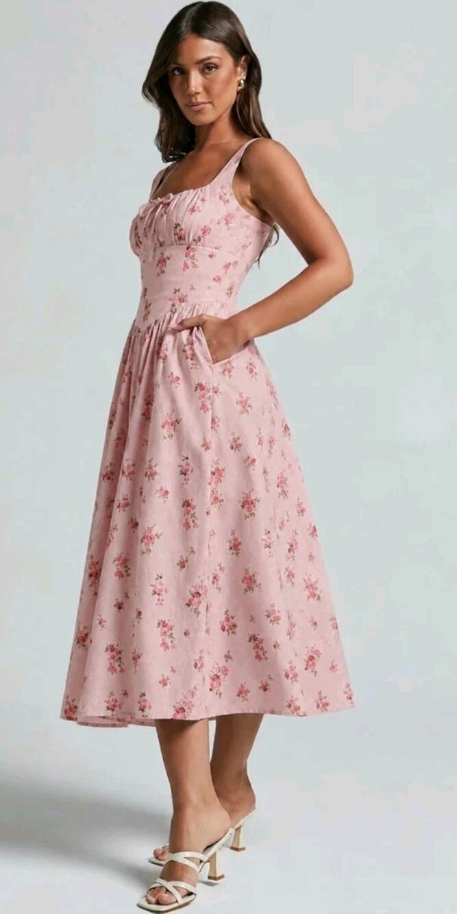 Reformation Bailia Pink Floral Linen Mini Milkmaid Dress in Tea Time Pink Sz 6